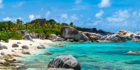 Panorama of a picture perfect beach with white sand, turquoise ocean water and blue sky at British Virgin Islands in Caribbean